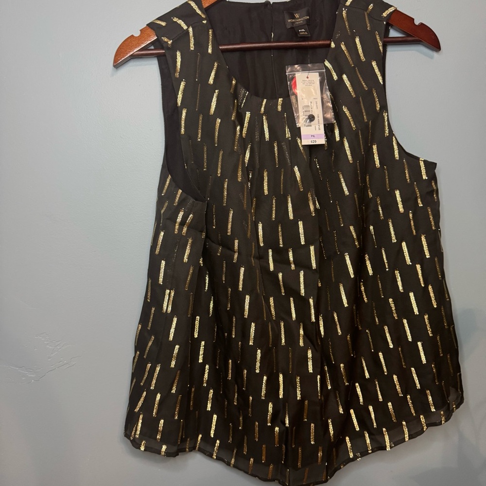 Worthington Sleeveless Black Clip Geometric Blouse Gold. NWT. XL Petite - Picture 7 of 13